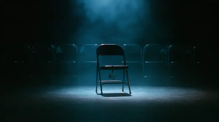 a single empty folding chair in a front row lit by one spotlight, a staff lanyard badge lying on the seat, darkness around, fog, cinematic 35mm film still, fine silver grain, blue-black night palette, one small red…