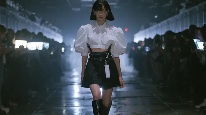 medium shot of a young woman with a glossy black blunt bob with heavy bangs and one clay-orange streak, a white cropped puff-sleeve shirt, a black pleated skirt with a harness belt and a hanging white garment tag,…
