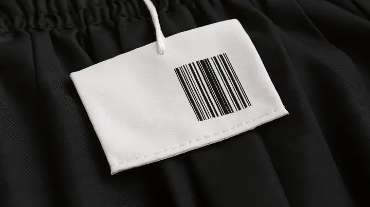 extreme macro photograph of a blank white woven garment tag with a barcode area and a stitched hem hanging from a black pleated coated-nylon skirt, shallow focus, monochrome, the tag face empty for printing, no text,…