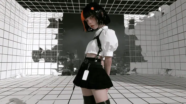 a white wireframe grid test arena floor and walls peeling away like paper to reveal a dark foggy city behind, a young Caucasian American woman with pale skin and light freckles, a glossy black blunt jaw-length bob…