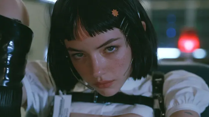 close-up portrait of a young Caucasian American woman with pale skin and light freckles, a glossy black blunt jaw-length bob with heavy bangs and one clay-orange streak through the bangs, a small flat clay-orange…