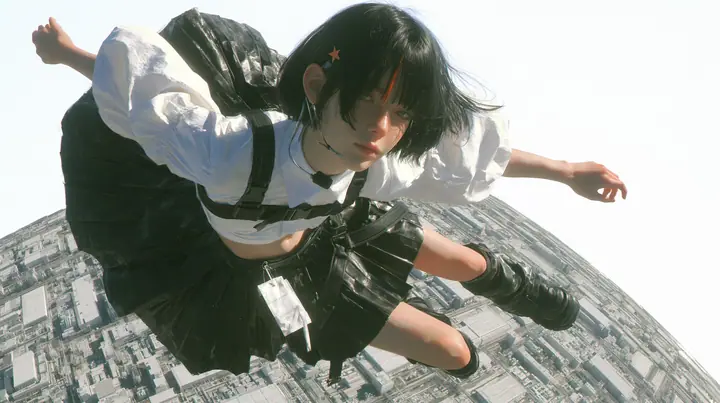 a young Caucasian American woman with pale skin and light freckles, a glossy black blunt jaw-length bob with heavy bangs and one clay-orange streak through the bangs, a small flat clay-orange eight-pointed star hair…