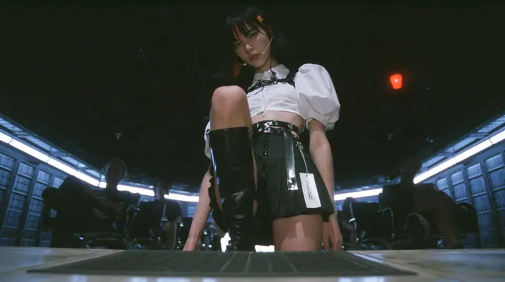 low-angle full-length view of a young Caucasian American woman with pale skin and light freckles, a glossy black blunt jaw-length bob with heavy bangs and one clay-orange streak through the bangs, a small flat…