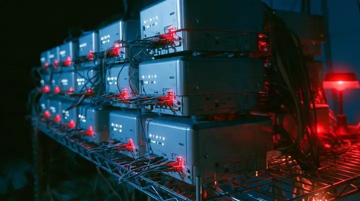 macro of thirteen small square silver desktop computers stacked on a wire shelf, each with a tiny white status light and one red, tangled cables, hacker house at night, the left third dark, blue-black #0f1216 and…
