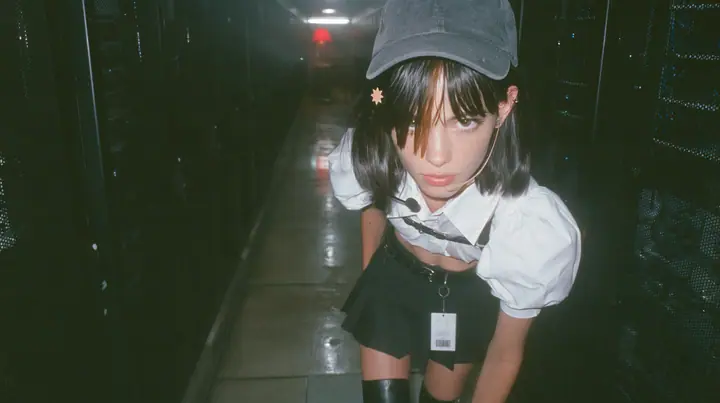 a young Caucasian American woman with pale skin and light freckles, a glossy black blunt jaw-length bob with heavy bangs and one clay-orange streak through the bangs, a small flat clay-orange eight-pointed star hair…