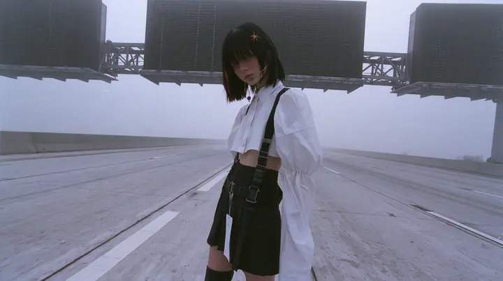 three enormous split-flap signs on steel gantries spanning an empty freeway in white fog, blank black flaps, a young Caucasian American woman with pale skin and light freckles, a glossy black blunt jaw-length bob…