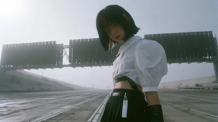 three enormous split-flap signs on steel gantries spanning an empty freeway in white fog, blank black flaps, a young Caucasian American woman with pale skin and light freckles, a glossy black blunt jaw-length bob…