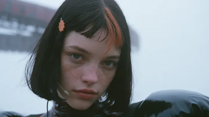 close-up of a young Caucasian American woman with pale skin and light freckles, a glossy black blunt jaw-length bob with heavy bangs and one clay-orange streak through the bangs, a small flat clay-orange…