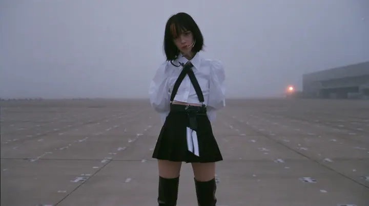 extreme wide shot of a vast empty grey concrete hall with a perfect grid of small painted floor marks receding to the horizon, a young Caucasian American woman with pale skin and light freckles, a glossy black blunt…