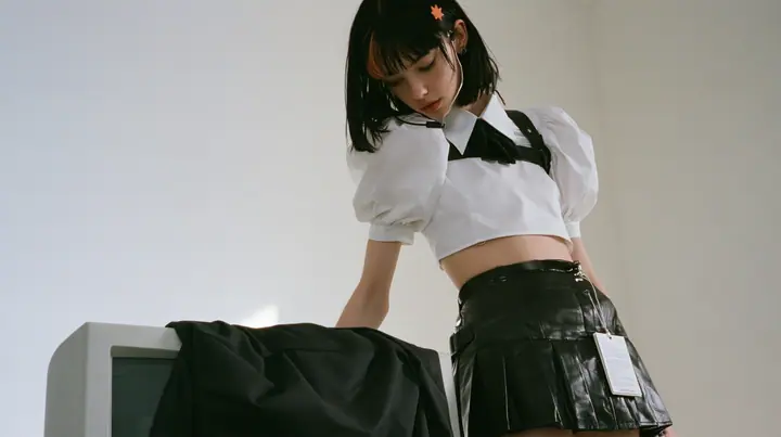medium shot of a young Caucasian American woman with pale skin and light freckles, a glossy black blunt jaw-length bob with heavy bangs and one clay-orange streak through the bangs, a small flat clay-orange…