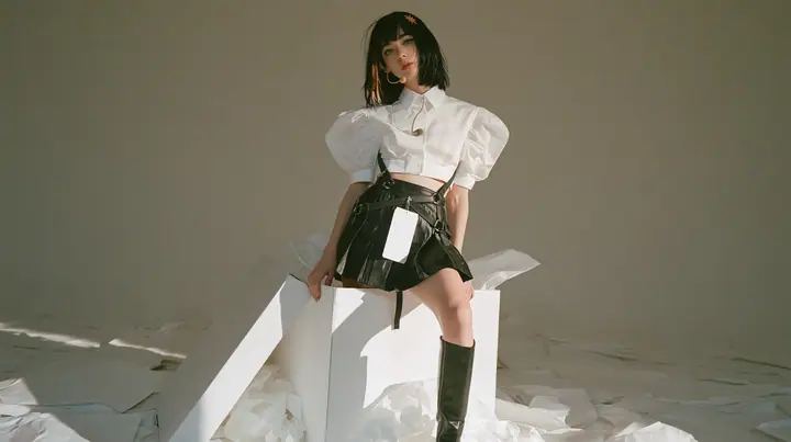 full-length shot of a young Caucasian American woman with pale skin and light freckles, a glossy black blunt jaw-length bob with heavy bangs and one clay-orange streak through the bangs, a small flat clay-orange…