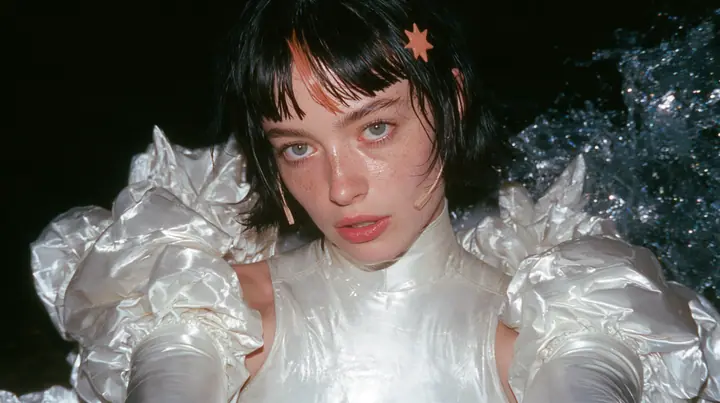 selfie-angle close-up of a Caucasian American woman in her mid-twenties with pale skin and light freckles, a glossy black blunt jaw-length bob with heavy straight bangs and one clay-orange streak through the bangs, a…