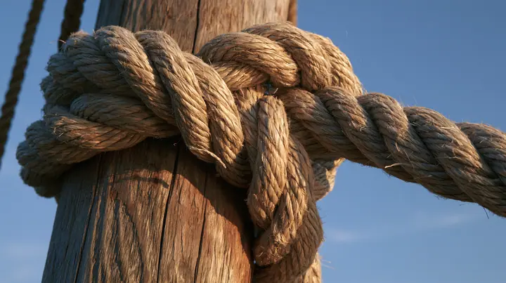 macro of a thick hemp rope knot being pulled hard around a wooden mast, macro product photograph, hard rim light, razor-thin focus, low gold light, no text, no letters, no logos
