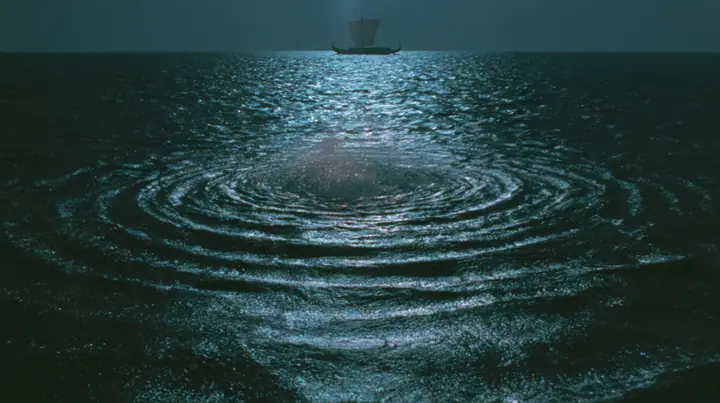 low wide shot skimming a dark moonlit sea toward a long black ancient Greek galley with a single mast, a square sail and two banks of oars in the distance, concentric ripples spreading across the water, night,…