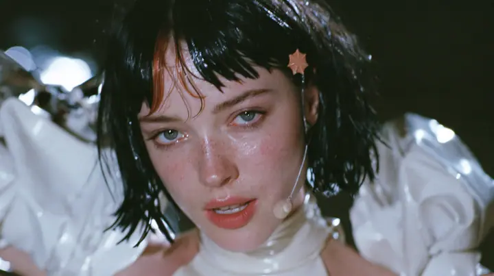 close-up of a Caucasian American woman in her mid-twenties with pale skin and light freckles, a glossy black blunt jaw-length bob with heavy straight bangs and one clay-orange streak through the bangs, a small flat…