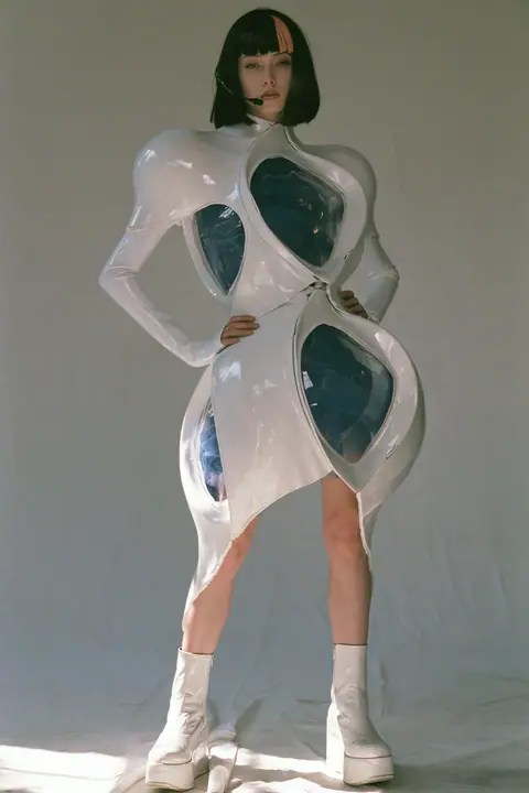 Y2K high fashion editorial, a 2001 couture magazine story: full-length shot, head to toe with the feet in frame, of a young Caucasian American woman with pale skin and a glossy black blunt bob with heavy straight…