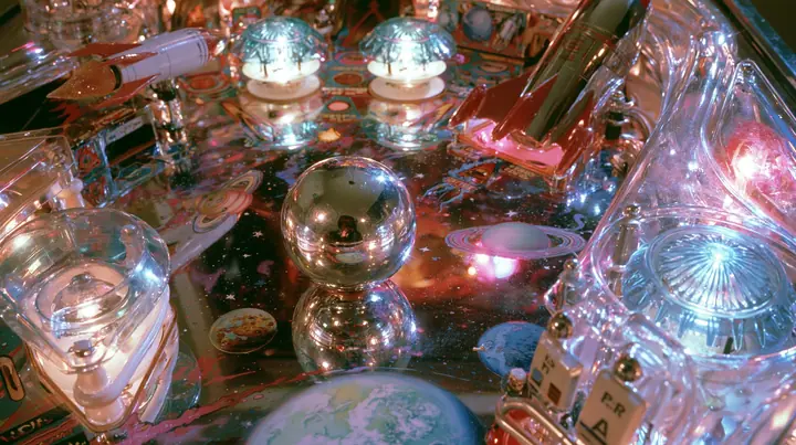 Y2K high fashion editorial photograph, 2001: a luxury product photograph of a glossy chrome and candy-colored space-themed pinball table, a shiny silver ball, glowing bumpers, a rocket ramp and planets, no text, no…