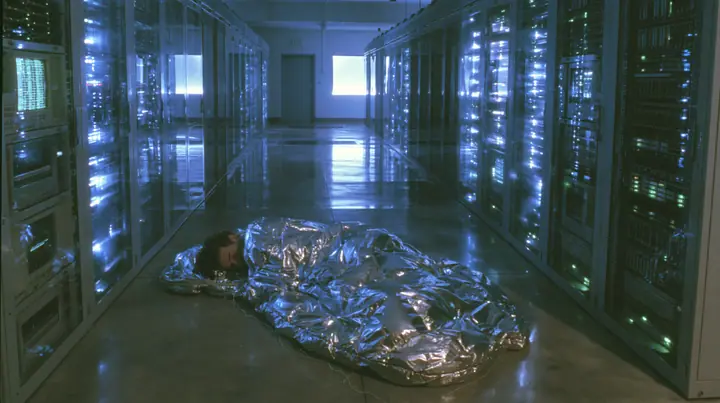 Y2K high fashion editorial photograph, 2001: a figure asleep in a silver sleeping bag on a polished concrete factory floor between tall glowing server racks, seen from behind, cool fluorescent light, grainy webcam…