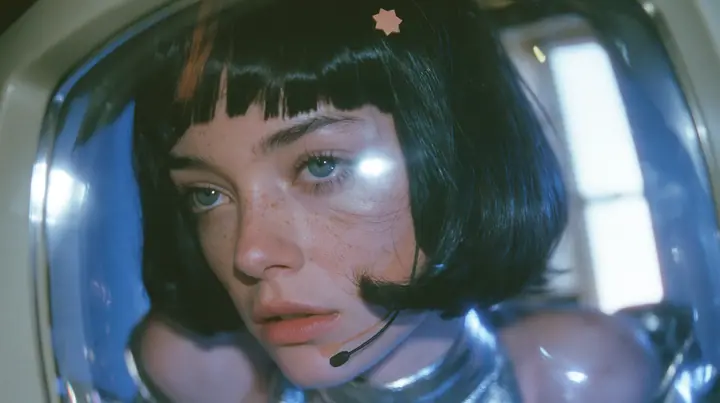 Y2K high fashion editorial, a 2001 couture magazine story: a close-up of a Caucasian American woman in her mid-twenties with pale skin and light freckles, a glossy black blunt jaw-length bob with heavy straight bangs…