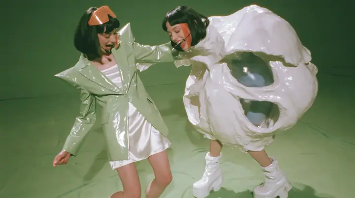 Y2K high fashion editorial, a 2001 couture magazine story: full-length shot of two identical women, both a young Caucasian American woman with pale skin and a glossy black blunt bob with heavy straight bangs and one…