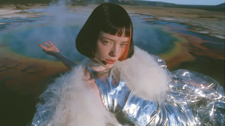 Y2K high fashion editorial, a 2001 couture magazine story: a wide shot of a young Caucasian American woman with pale skin and a glossy black blunt bob with heavy straight bangs and one clay-orange streak, a thin…