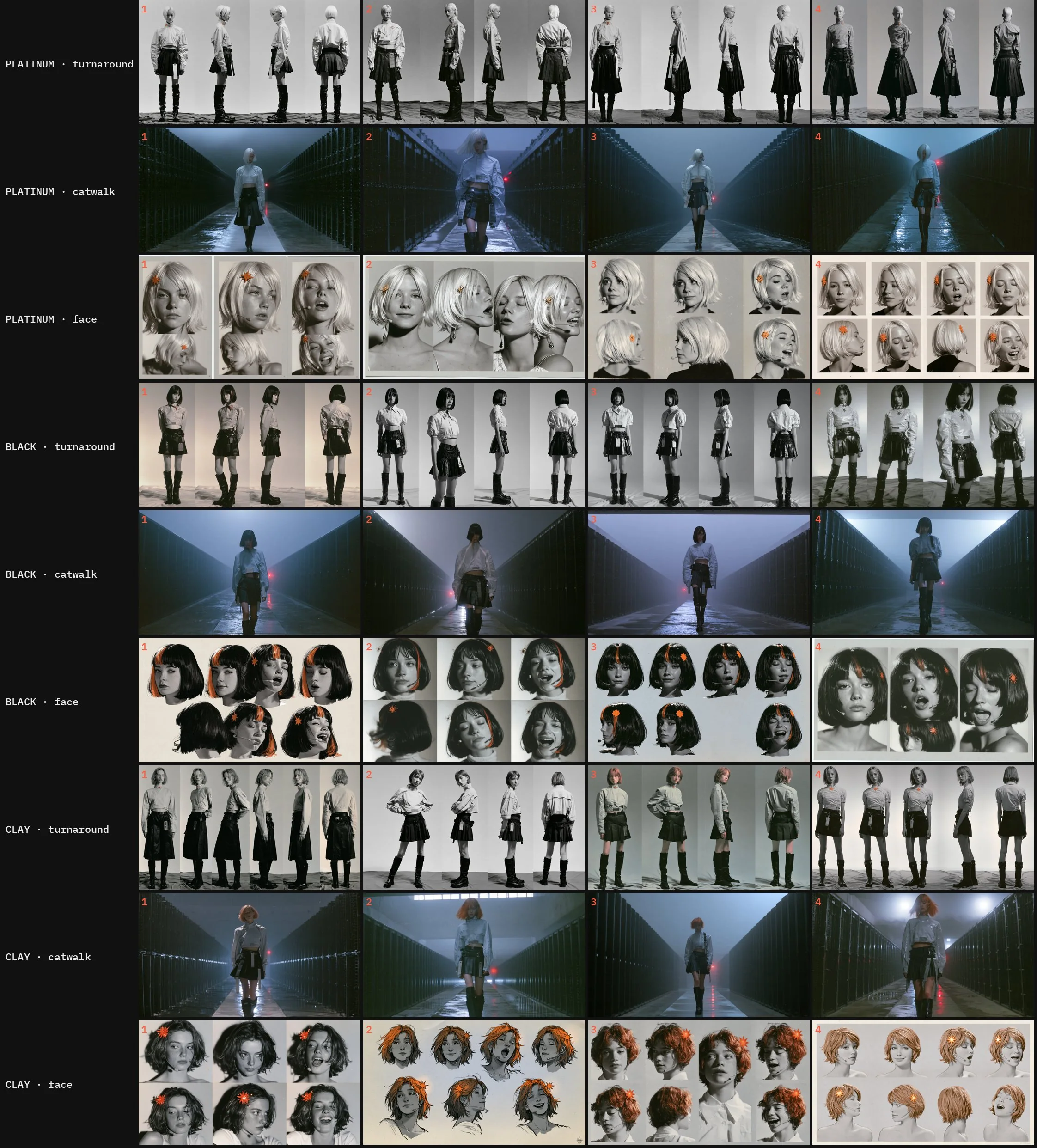 The first casting batch: three hair directions, each as a turnaround, a catwalk test and a face sheet. The black bob with one clay streak became Claudia.